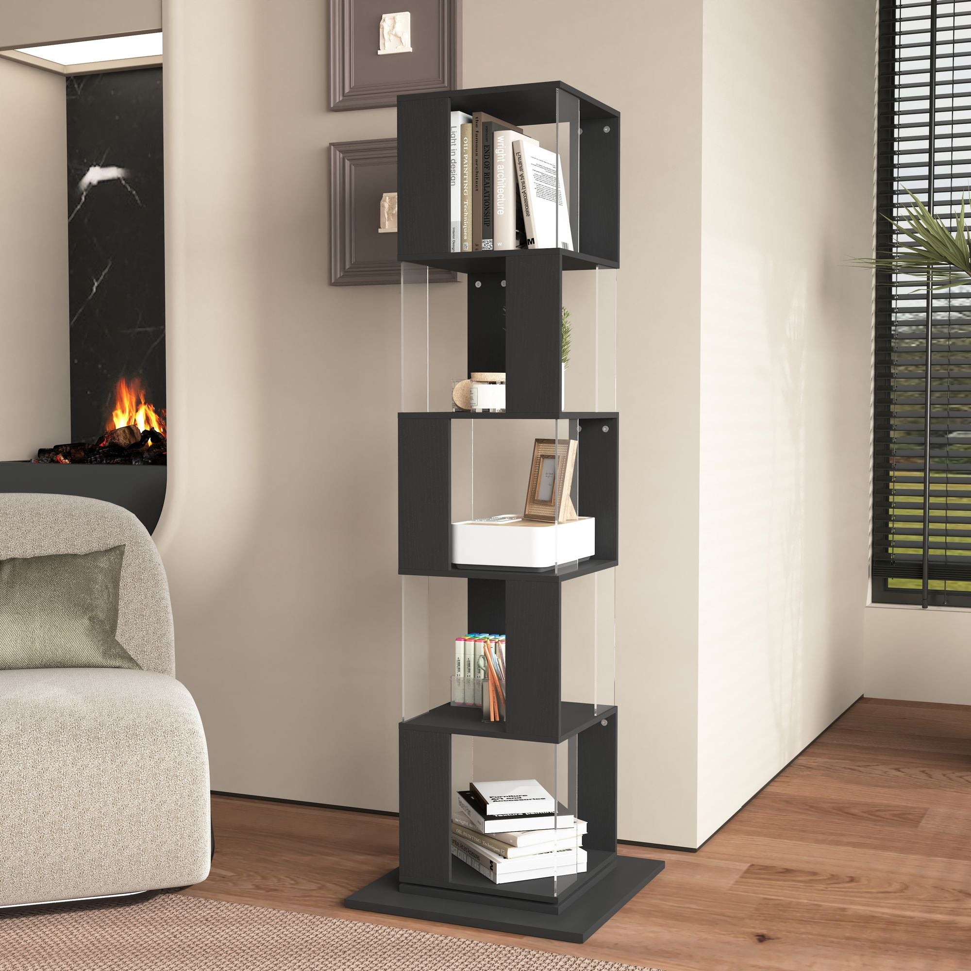5-Tier Rotating Bookshelf with Clear Shelves – Space-Saving Storage for Living Room