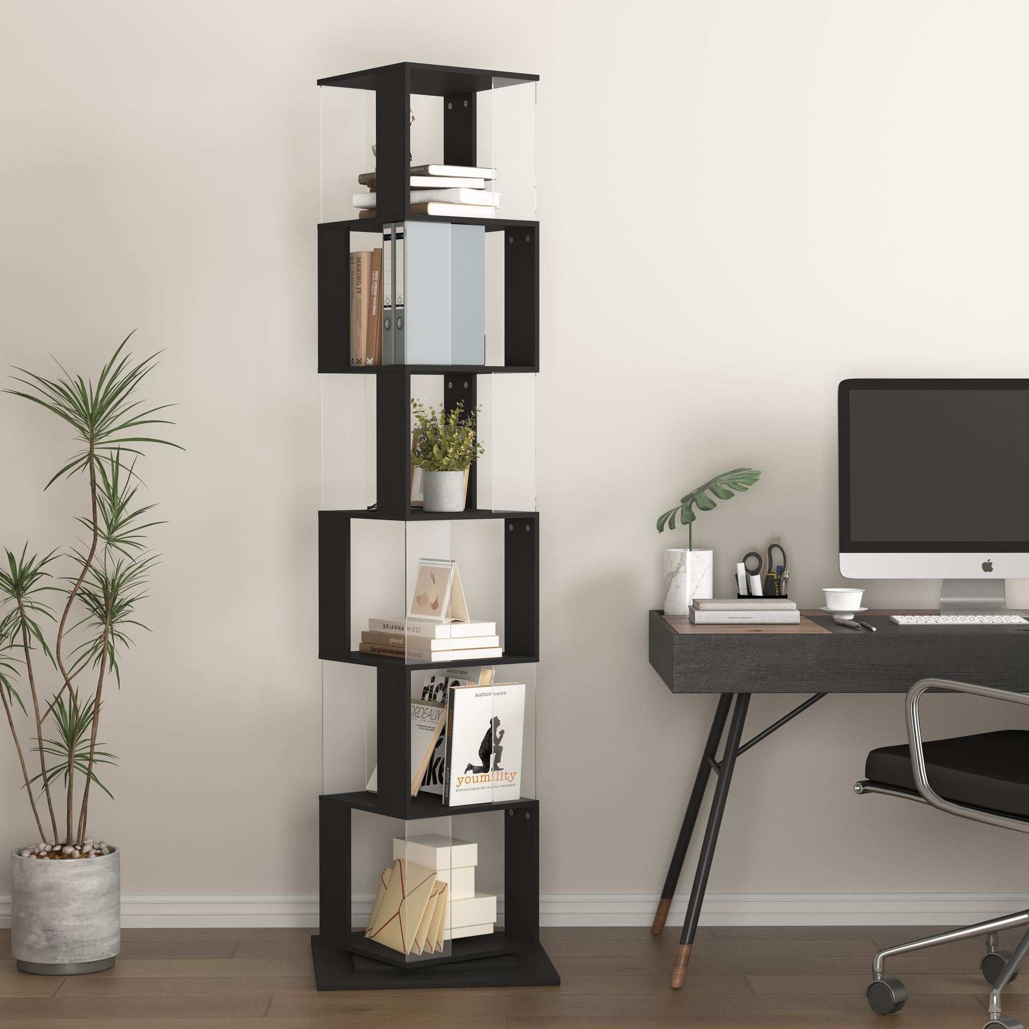 5-Tier Rotating Bookshelf with Clear Shelves – Space-Saving Storage for Living Room