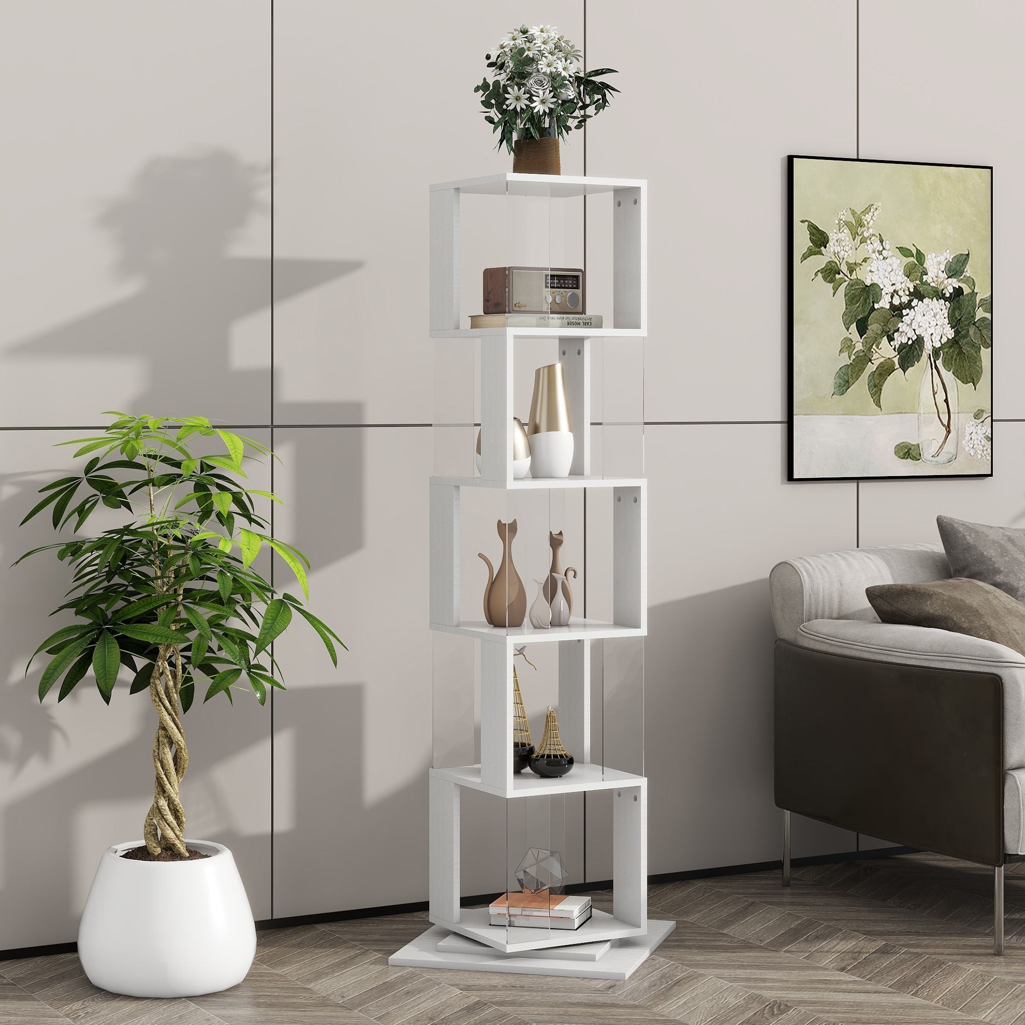5-Tier Rotating Bookshelf with Clear Shelves – Space-Saving Storage for Living Room