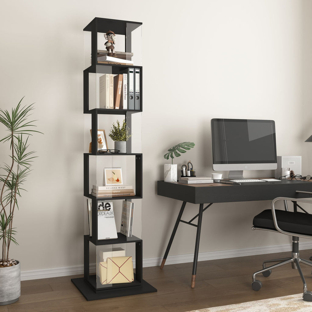 5-Tier Rotating Bookshelf with Clear Shelves – Space-Saving Storage for Living Room