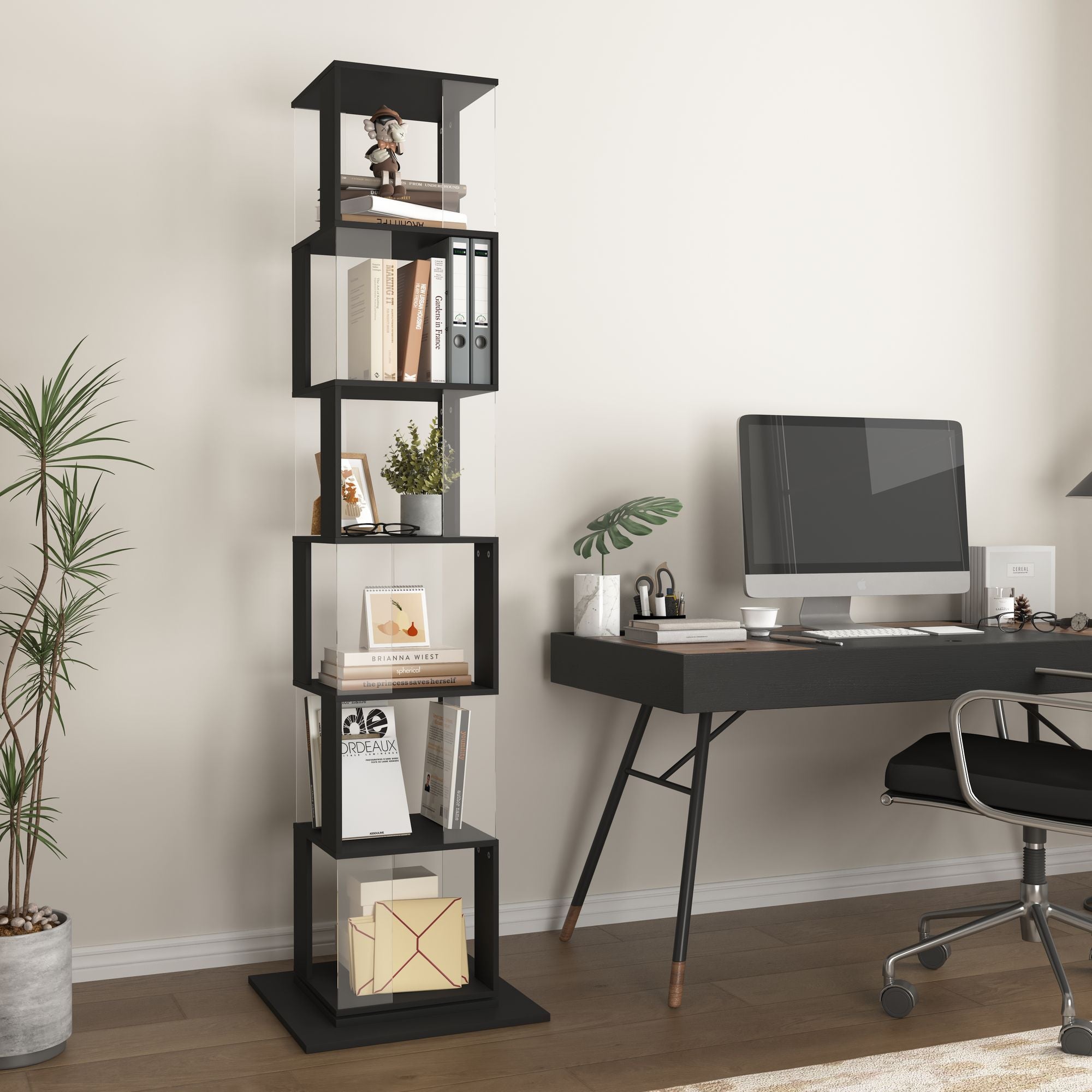 5-Tier Rotating Bookshelf with Clear Shelves – Space-Saving Storage for Living Room