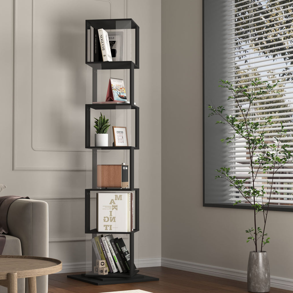 5-Tier Rotating Bookshelf with Clear Shelves – Space-Saving Storage for Living Room