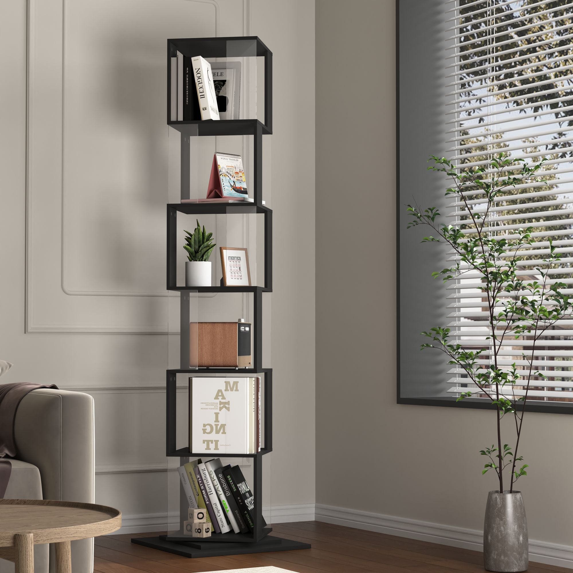 5-Tier Rotating Bookshelf with Clear Shelves – Space-Saving Storage for Living Room