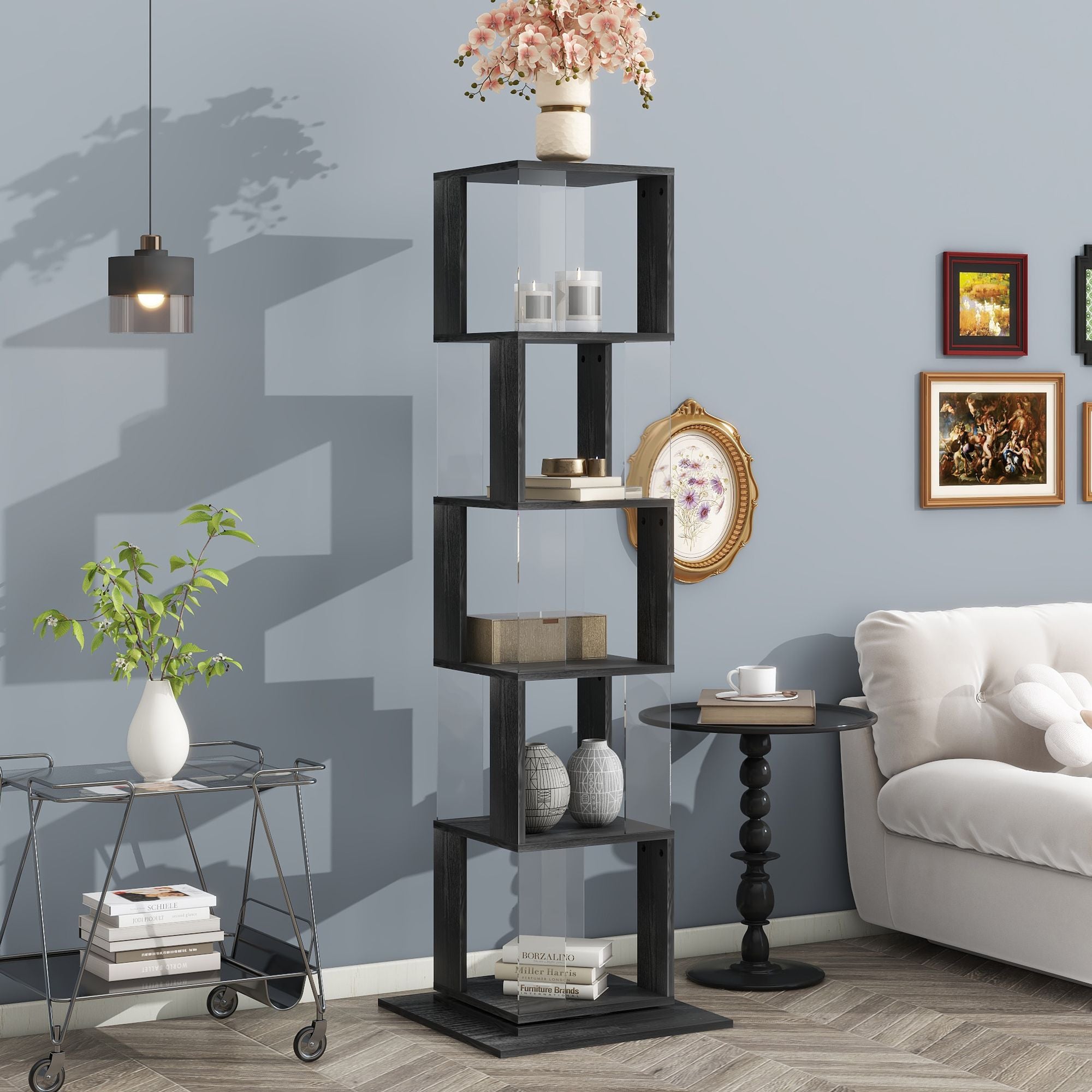 5-Tier Rotating Bookshelf with Clear Shelves – Space-Saving Storage for Living Room
