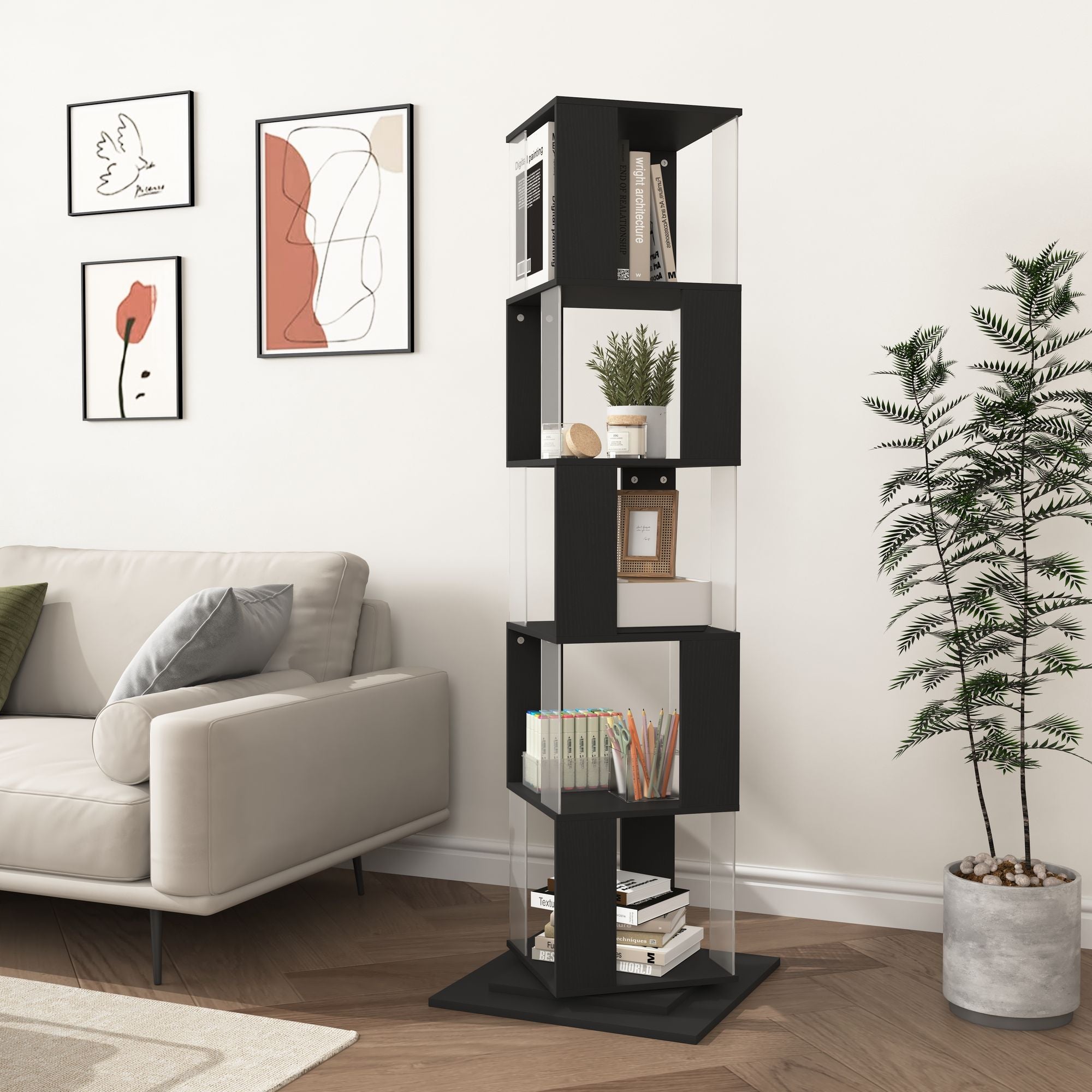 5-Tier Rotating Bookshelf with Clear Shelves – Space-Saving Storage for Living Room