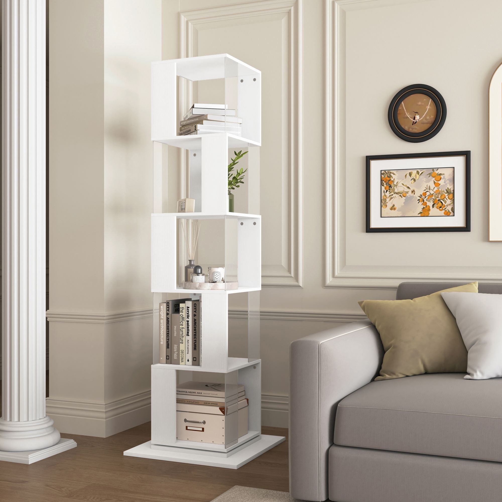 5-Tier Rotating Bookshelf with Clear Shelves – Space-Saving Storage for Living Room