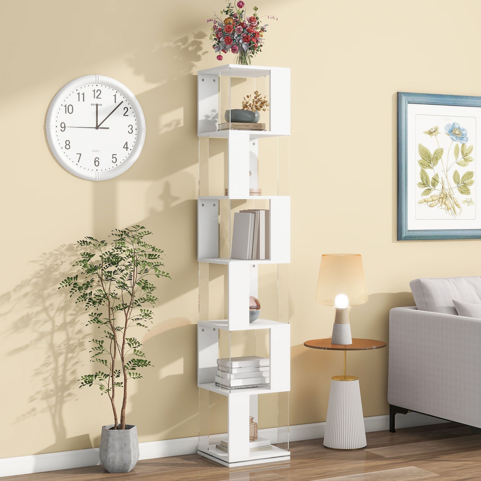 5-Tier Rotating Bookshelf with Clear Shelves – Space-Saving Storage for Living Room - White / 6