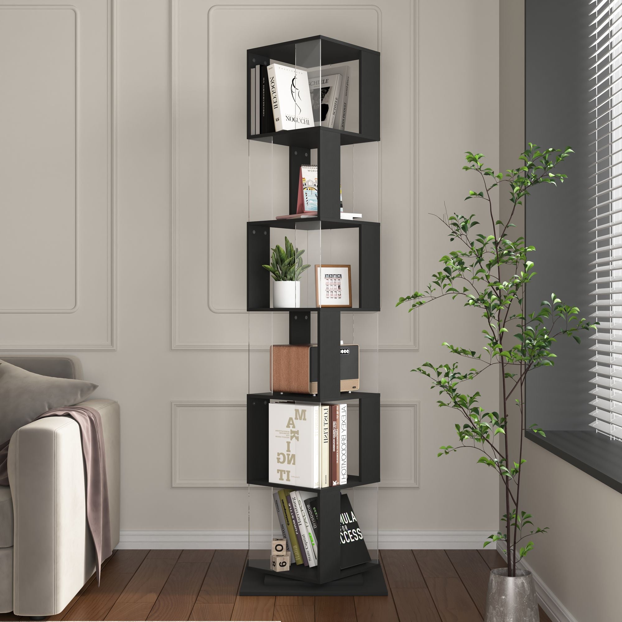 5-Tier Rotating Bookshelf with Clear Shelves – Space-Saving Storage for Living Room - Black / 6