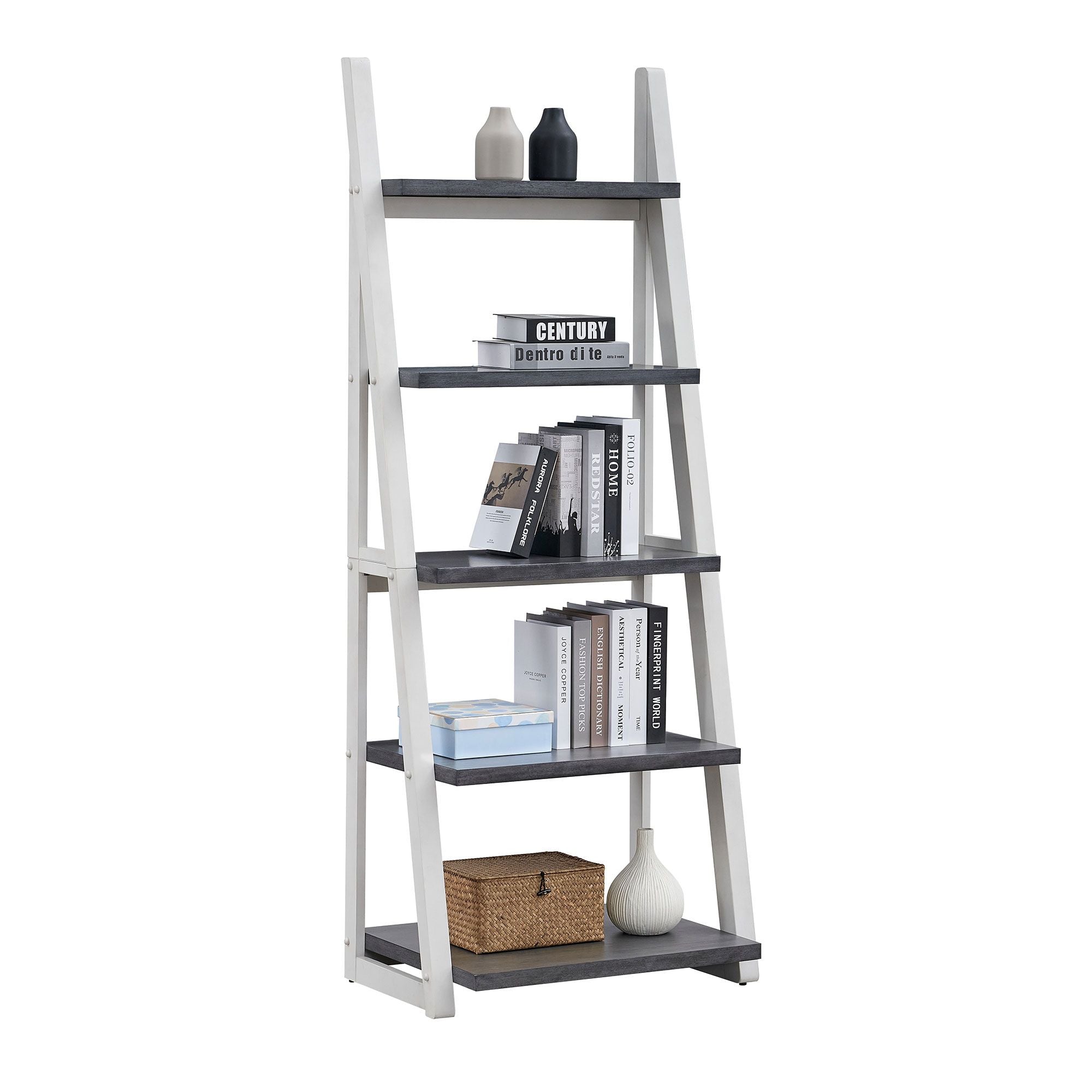 Solid Rubber Wood 5-Tier Ladder Shelf – Space-Saving Storage