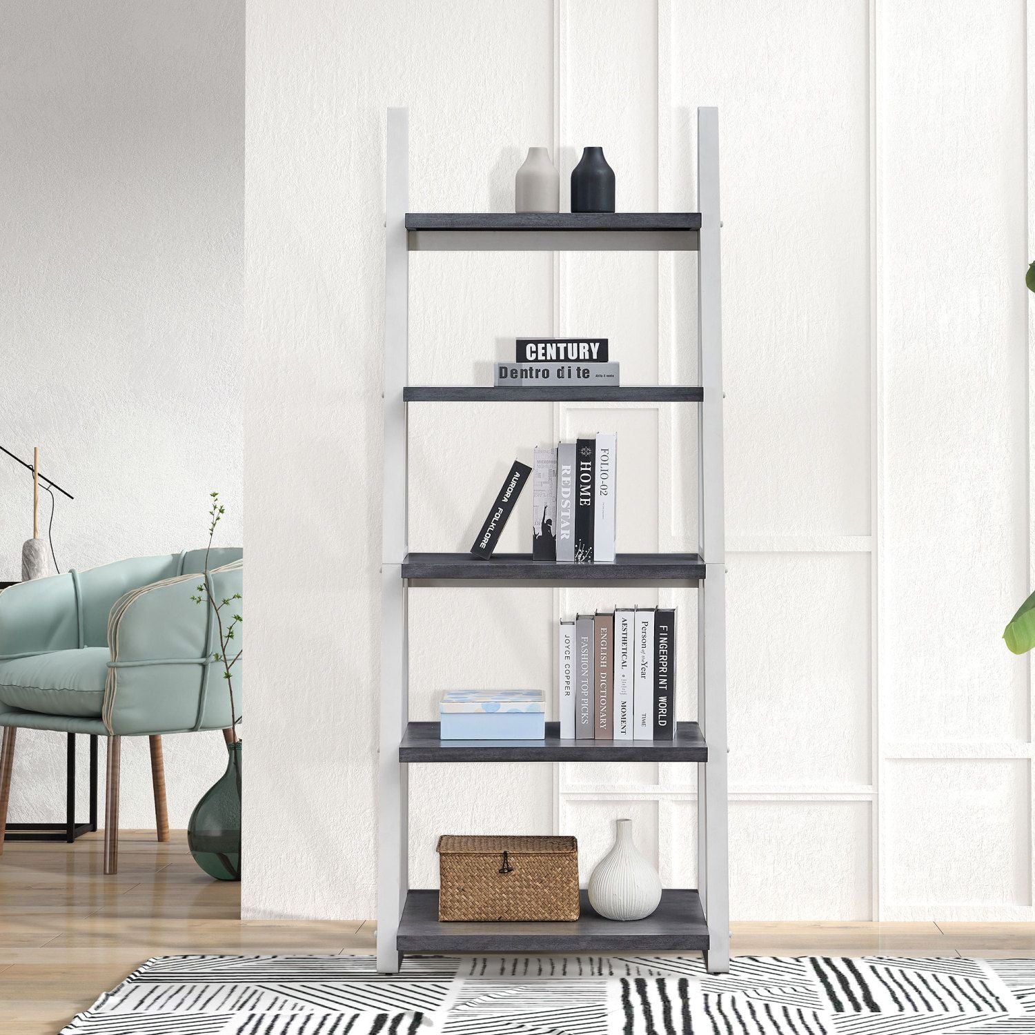Solid Rubber Wood 5-Tier Ladder Shelf – Space-Saving Storage