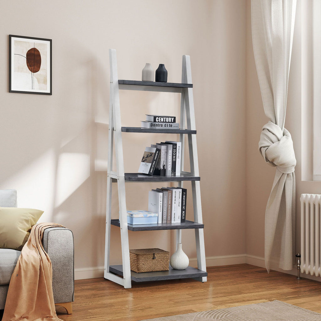 Solid Rubber Wood 5-Tier Ladder Shelf – Space-Saving Storage
