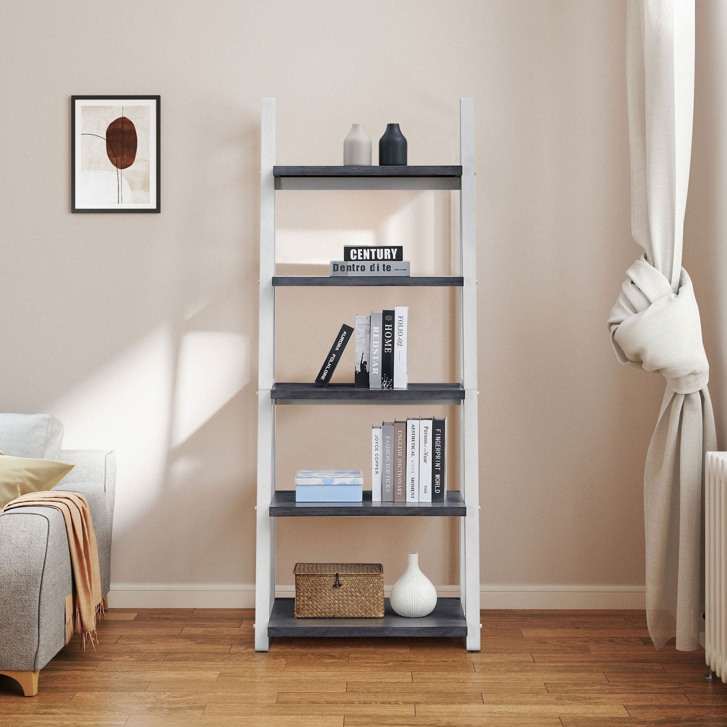 Solid Rubber Wood 5-Tier Ladder Shelf – Space-Saving Storage