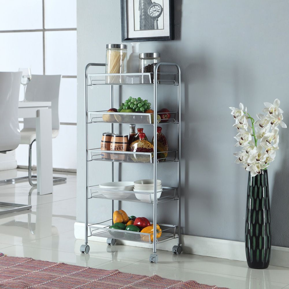 Five-Tier Rolling Storage Cart with Lockable Wheels and Hooks