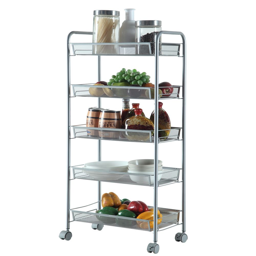 Five-Tier Rolling Storage Cart with Lockable Wheels and Hooks