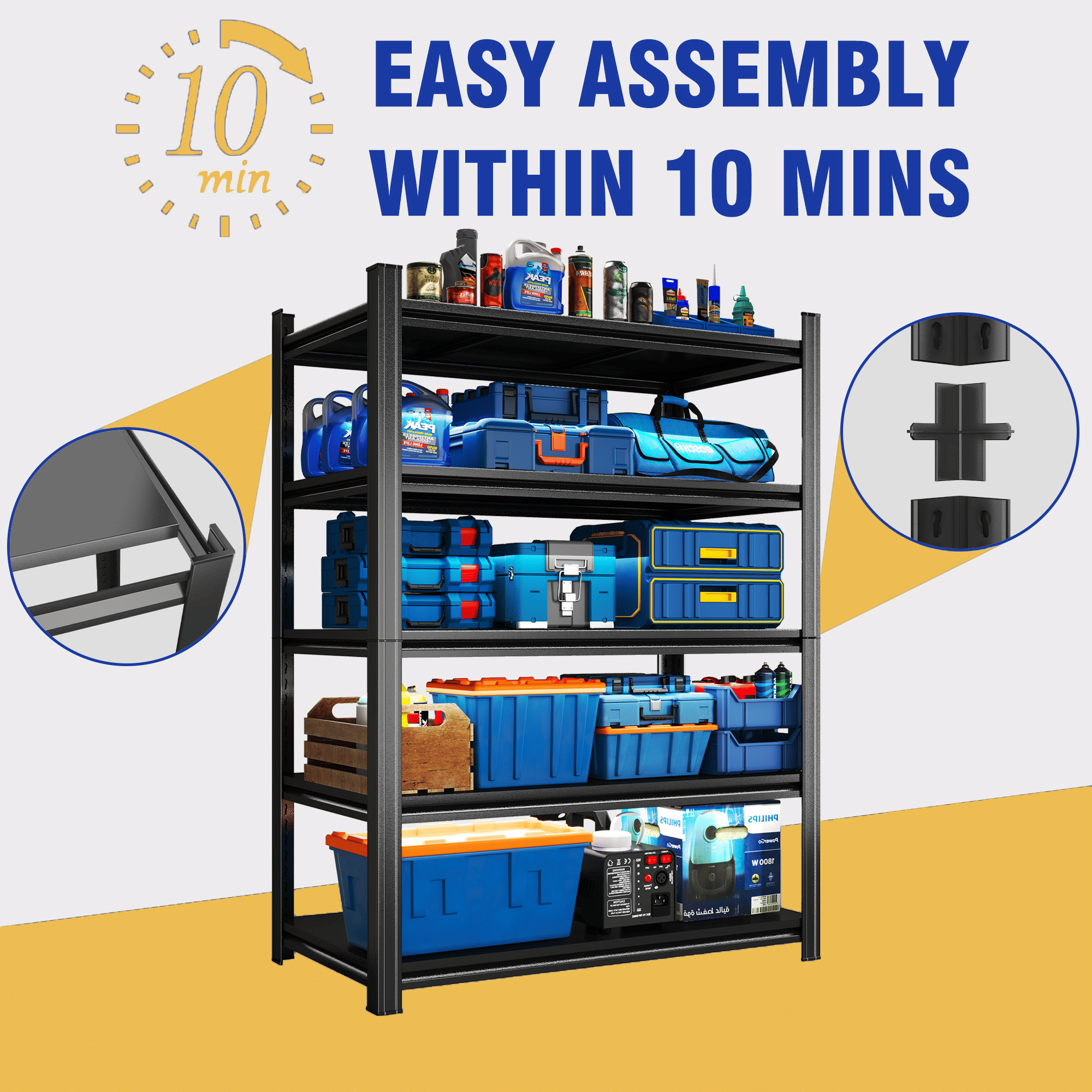 5 Tier Storage Shelves, Adjustable Metal Shelving Unit, Black, Needs Assembly