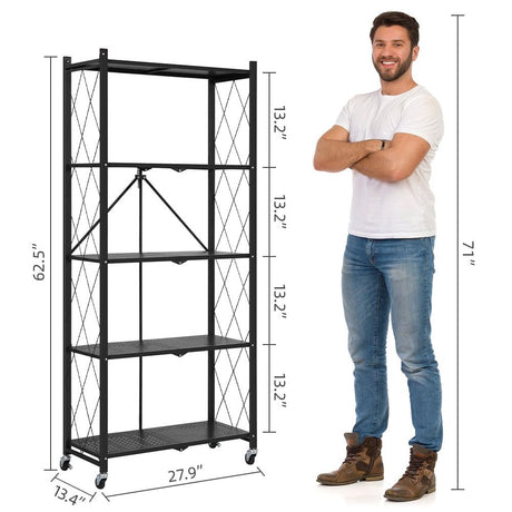 5-Tier Foldable Storage Shelf with Wheels and Hooks – No Assembly Required