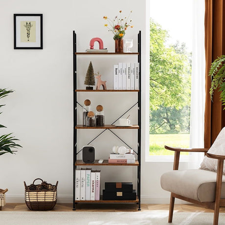 5 Tier Wooden Bookshelf with Adjustable, Metal Frame, water-ready and Scratch