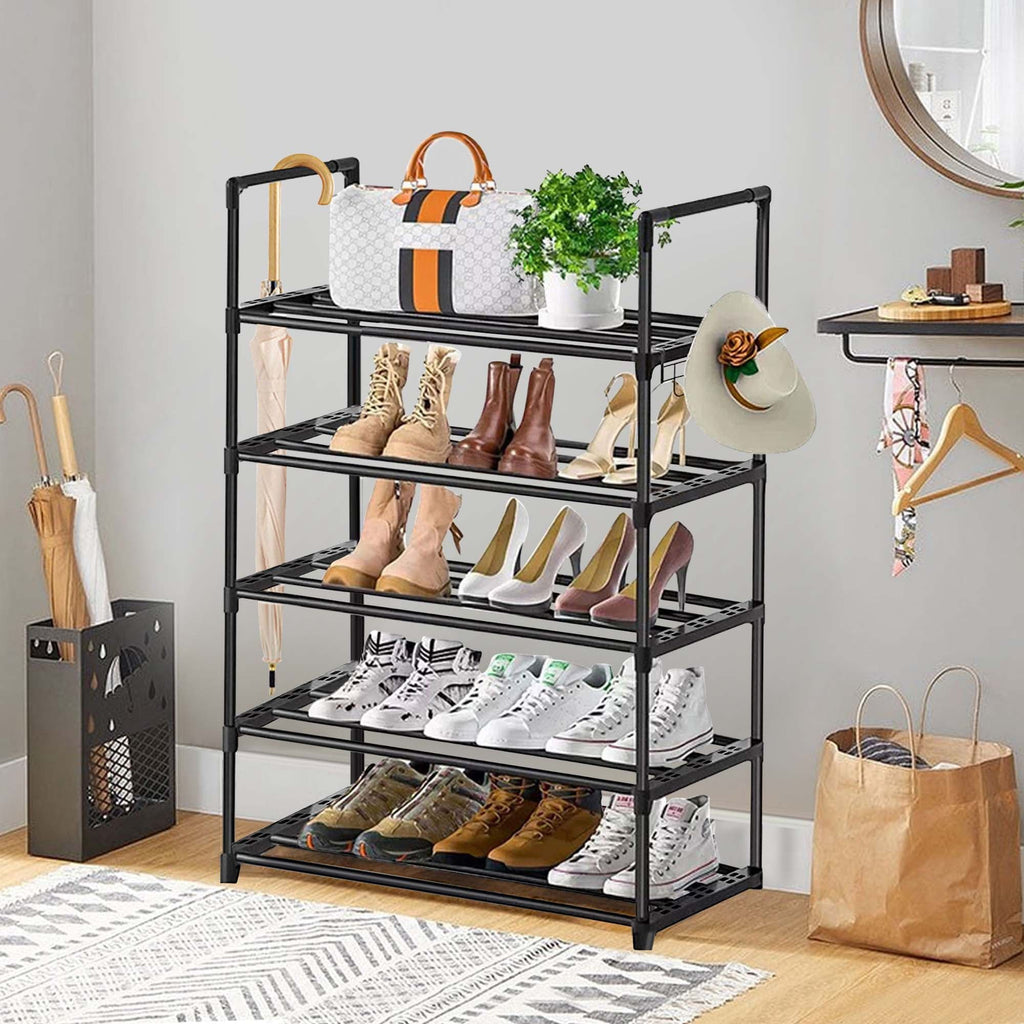 5-Tier Stackable Shoe Rack with Hooks – Adjustable Height Organizer for Boots & Heels