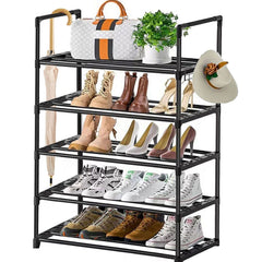 5-Tier Stackable Shoe Rack with Hooks – Adjustable Height Organizer for Boots & Heels