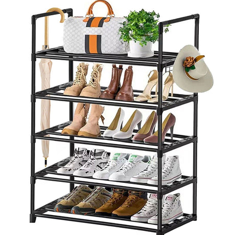 5-Tier Stackable Shoe Rack with Hooks – Adjustable Height Organizer for Boots & Heels