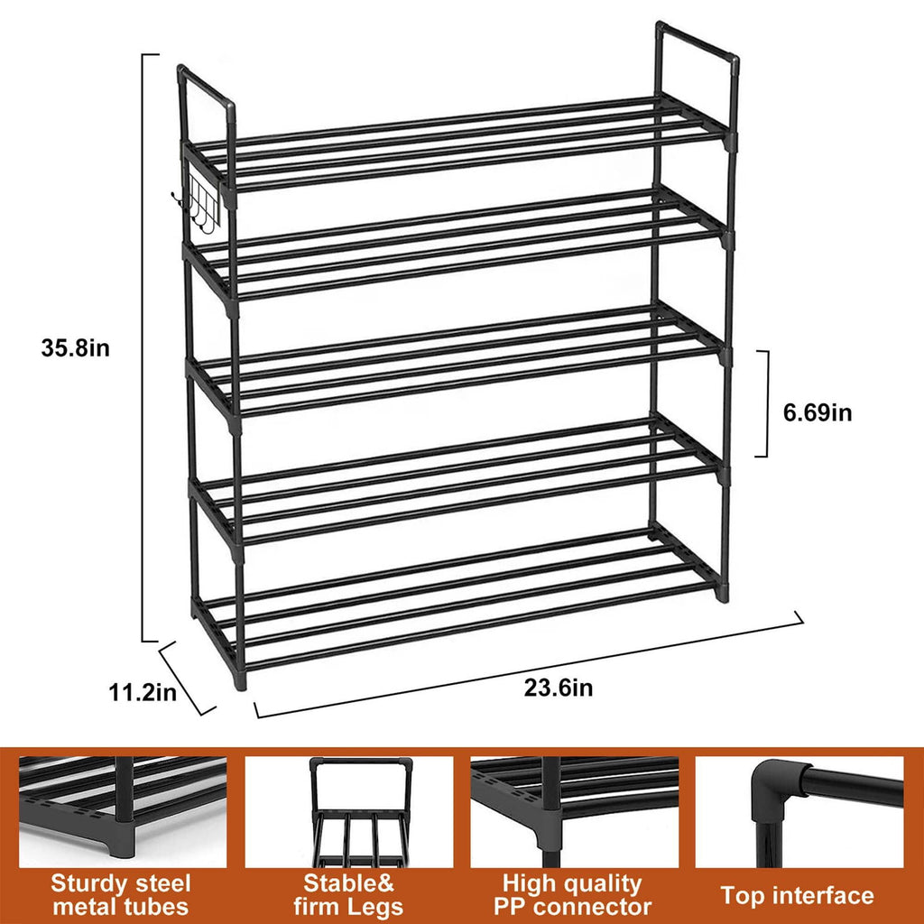 5-Tier Stackable Shoe Rack with Hooks – Adjustable Height Organizer for Boots & Heels