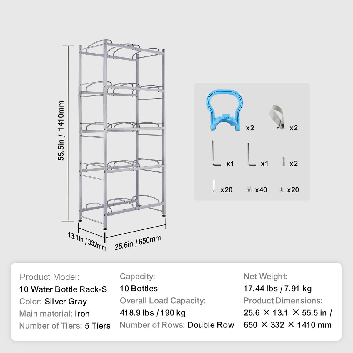 5 Tiers Water Jug Holder, 5 Gallon Water Bottle Holder, Double Row Water Bottle Rack for 10 Bottles
