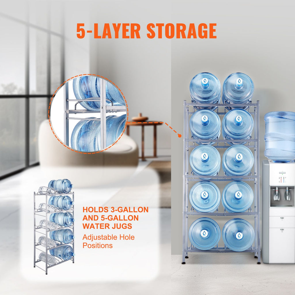 5 Tiers Water Jug Holder, 5 Gallon Water Bottle Holder, Double Row Water Bottle Rack for 10 Bottles