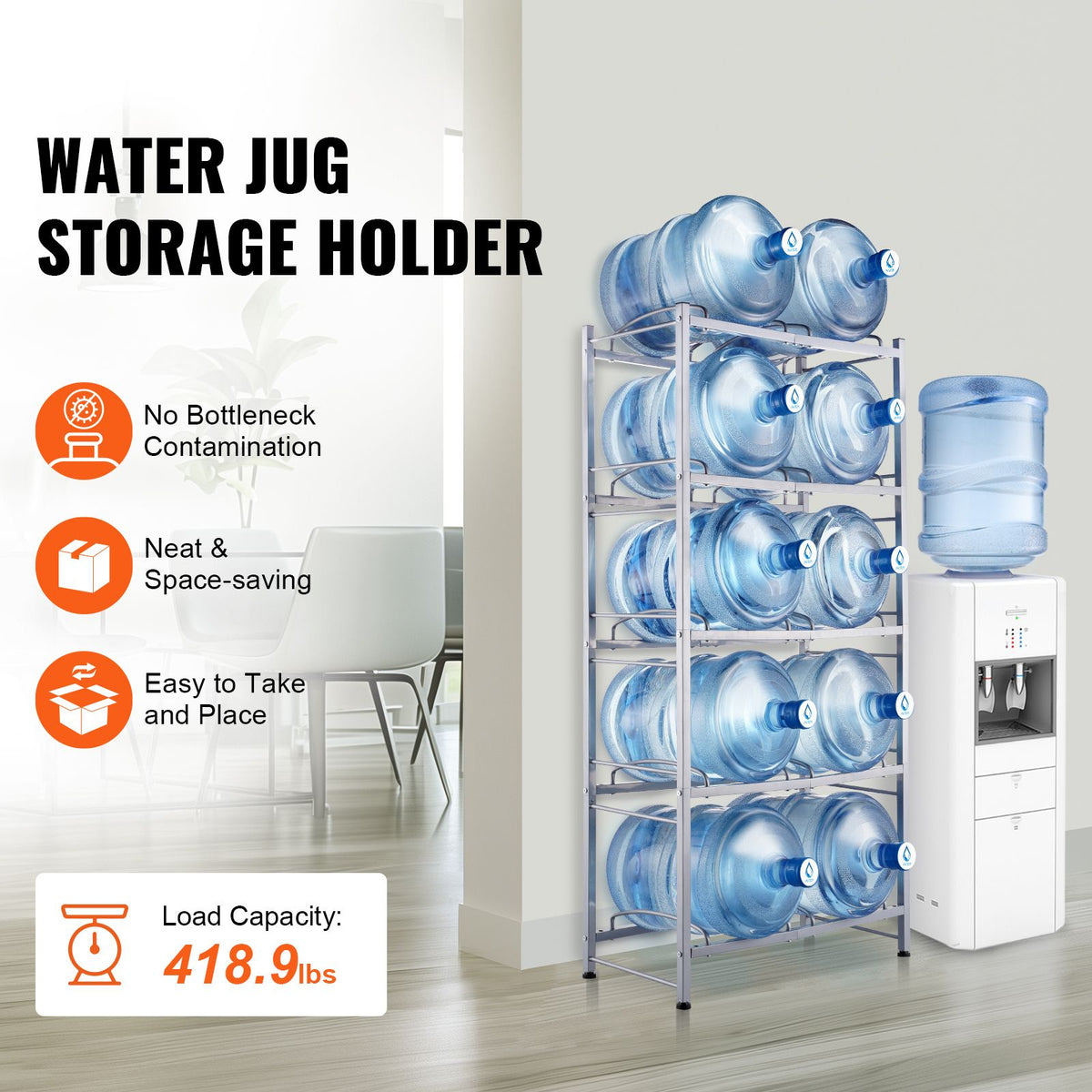 5 Tiers Water Jug Holder, 5 Gallon Water Bottle Holder, Double Row Water Bottle Rack for 10 Bottles