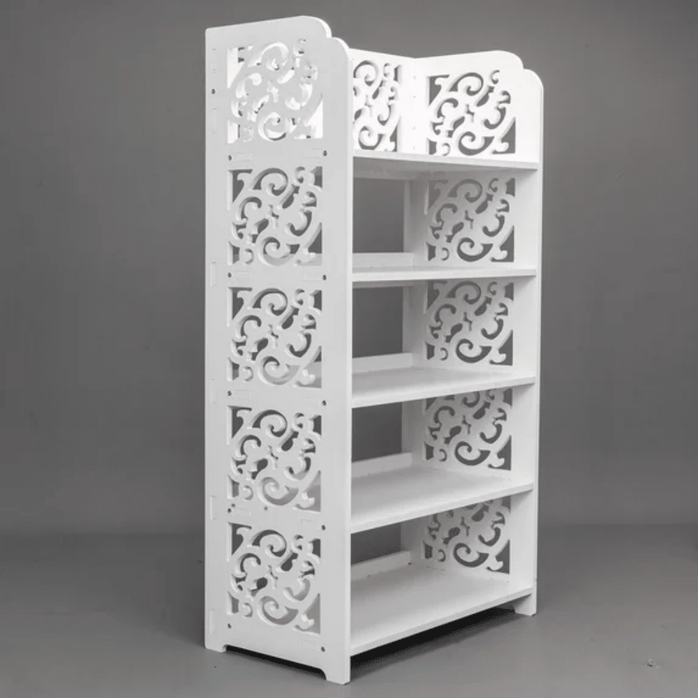 Five-Tier White Shoe Organizer with Carved Detail