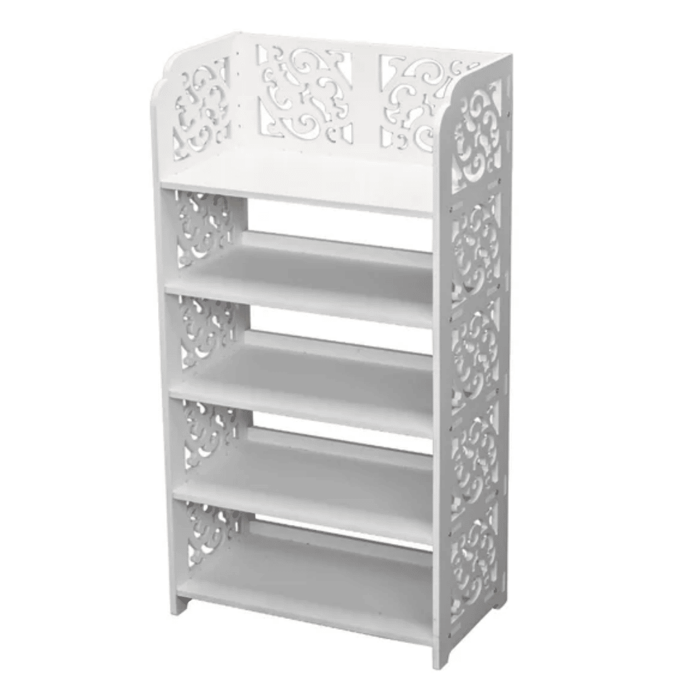 Five-Tier White Shoe Organizer with Carved Detail