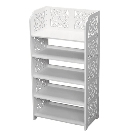 Five-Tier White Shoe Organizer with Carved Detail