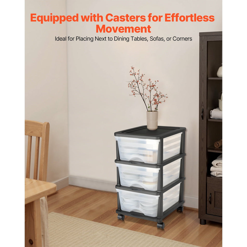 Three-Drawer Rolling Cart with Removable Wheels for Home and Office