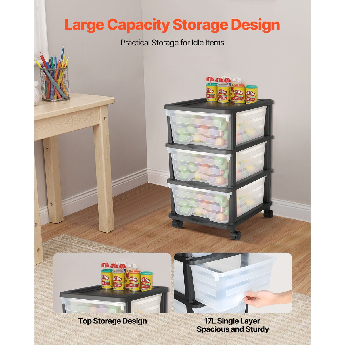 Three-Drawer Rolling Cart with Removable Wheels for Home and Office