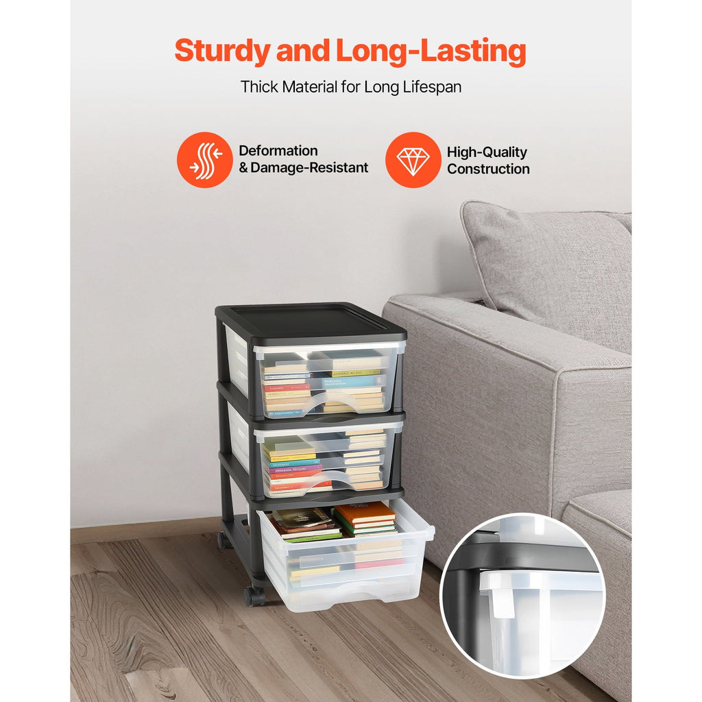 Three-Drawer Rolling Cart with Removable Wheels for Home and Office