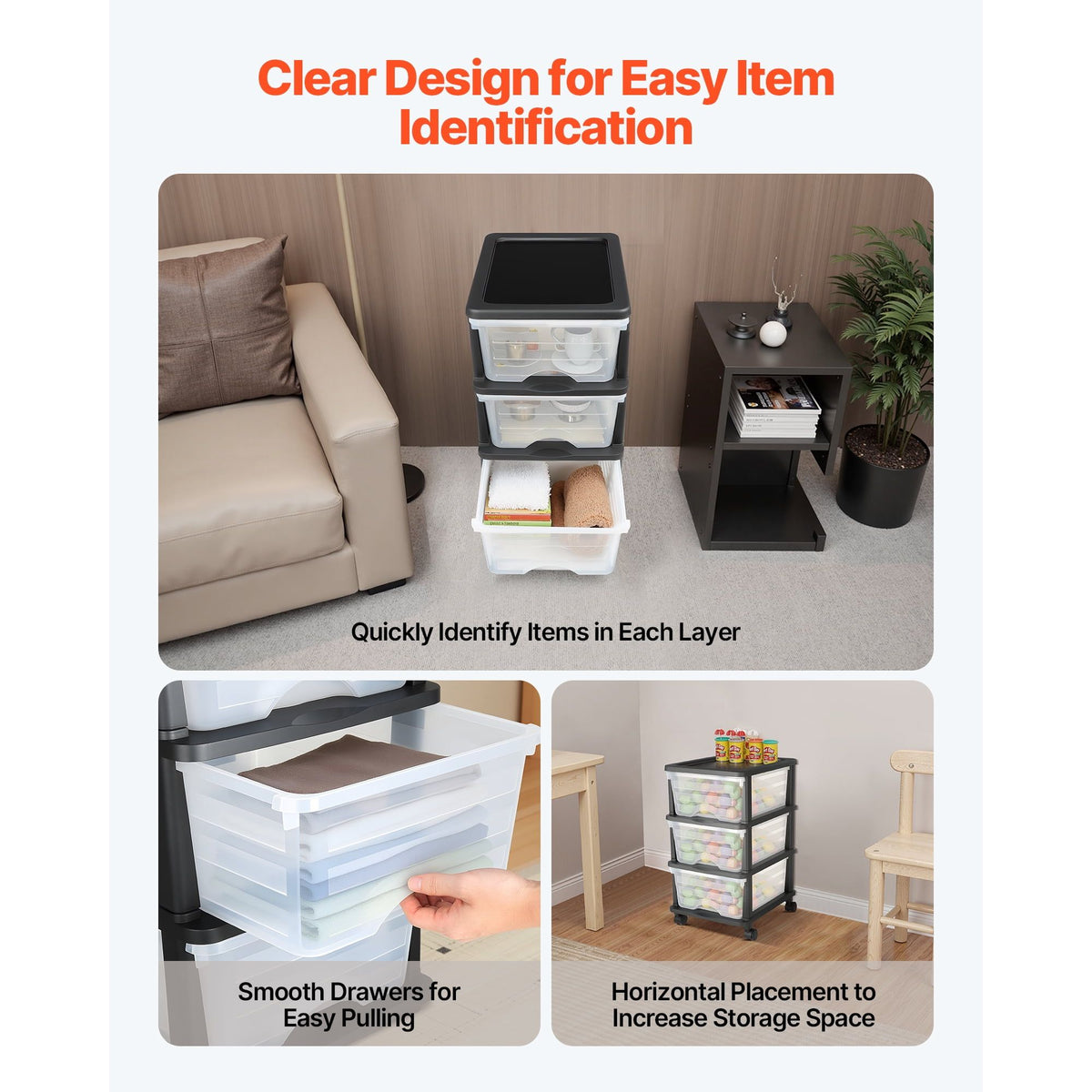 Three-Drawer Rolling Cart with Removable Wheels for Home and Office