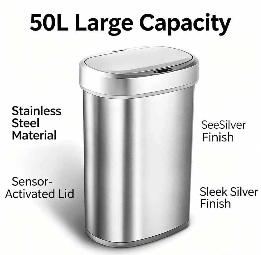 50L Brushed Silver Stainless Steel Automatic Sensor Trash Can – Touchless Motion Activated with Auto Close
