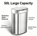50L Brushed Silver Stainless Steel Automatic Sensor Trash Can – Touchless Motion Activated with Auto Close