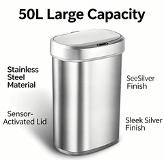 50L Brushed Silver Stainless Steel Automatic Sensor Trash Can – Touchless Motion Activated with Auto Close