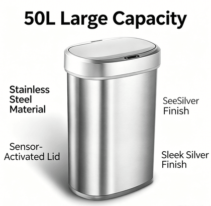 50L Brushed Silver Stainless Steel Automatic Sensor Trash Can – Touchless Motion Activated with Auto Close