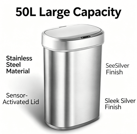 50L Brushed Silver Stainless Steel Automatic Sensor Trash Can – Touchless Motion Activated with Auto Close