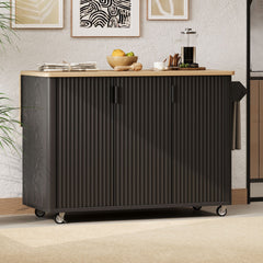 Fluted Kitchen Island with Drop Leaf, Farmhouse Accent Kitchen Island on Wheels with