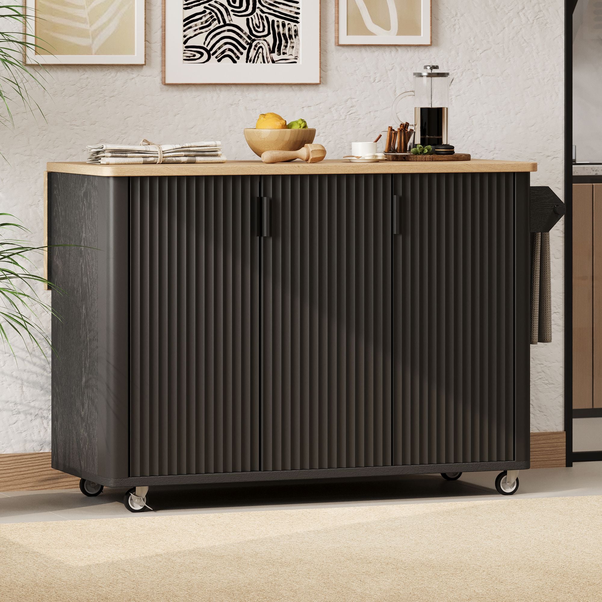 Fluted Kitchen Island with Drop Leaf, Farmhouse Accent Kitchen Island on Wheels with