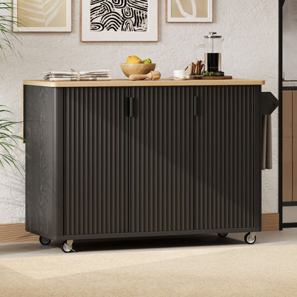 Fluted Kitchen Island with Drop Leaf, Farmhouse Accent Kitchen Island on Wheels with