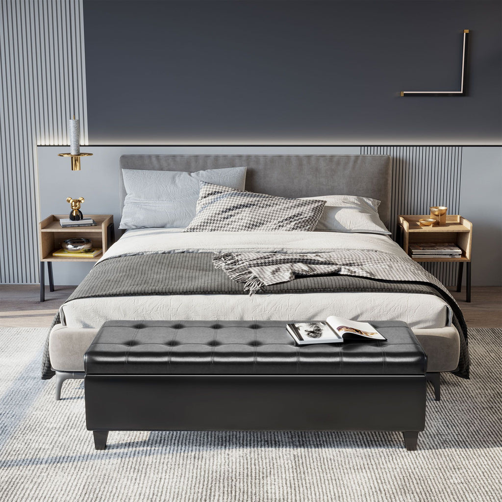 Black Tufted Storage Ottoman Bench with Padded Top