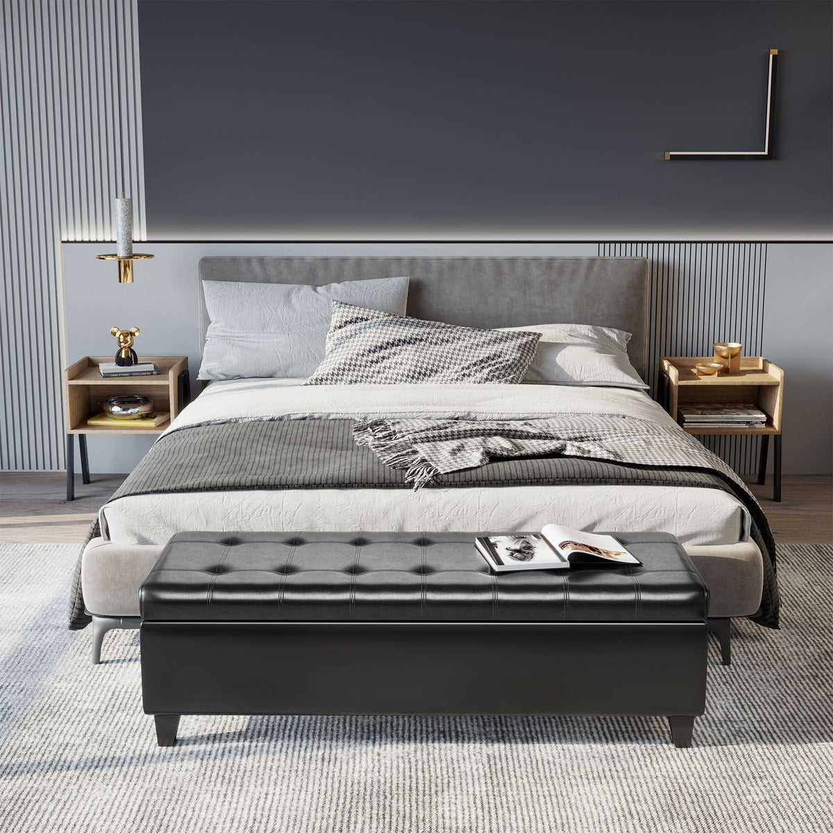 Black Tufted Storage Ottoman Bench with Padded Top