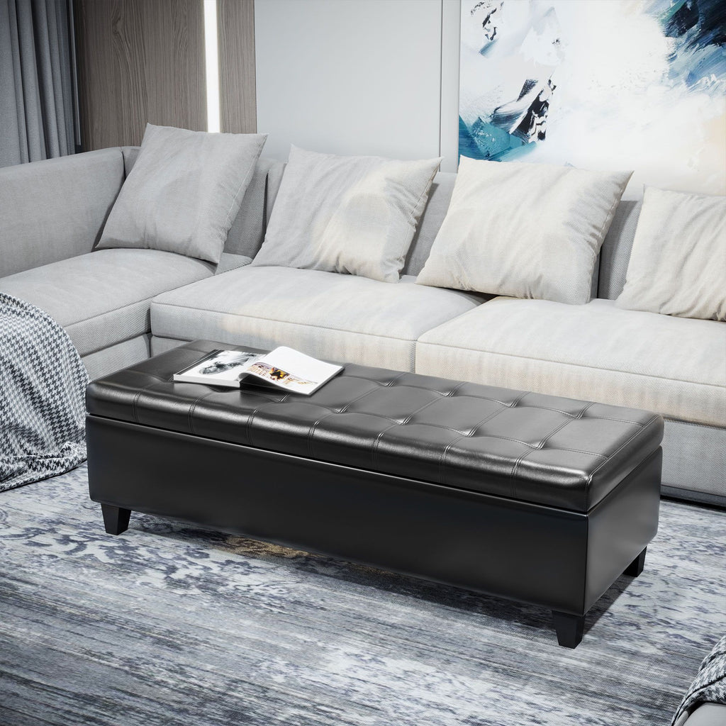 Black Tufted Storage Ottoman Bench with Padded Top