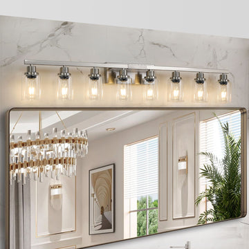 Modern 8-Light Bathroom Vanity Light Fixture - Brushed Nickel with Clear Glass Shades