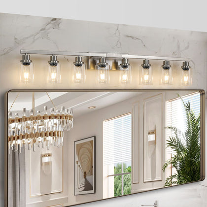 Modern 8-Light Bathroom Vanity Light Fixture - Brushed Nickel with Clear Glass Shades