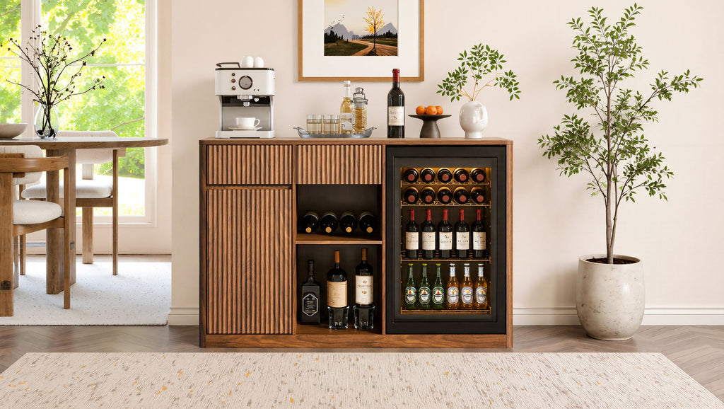 Modern Fluted Bar Cabinet with Refrigerator Nook