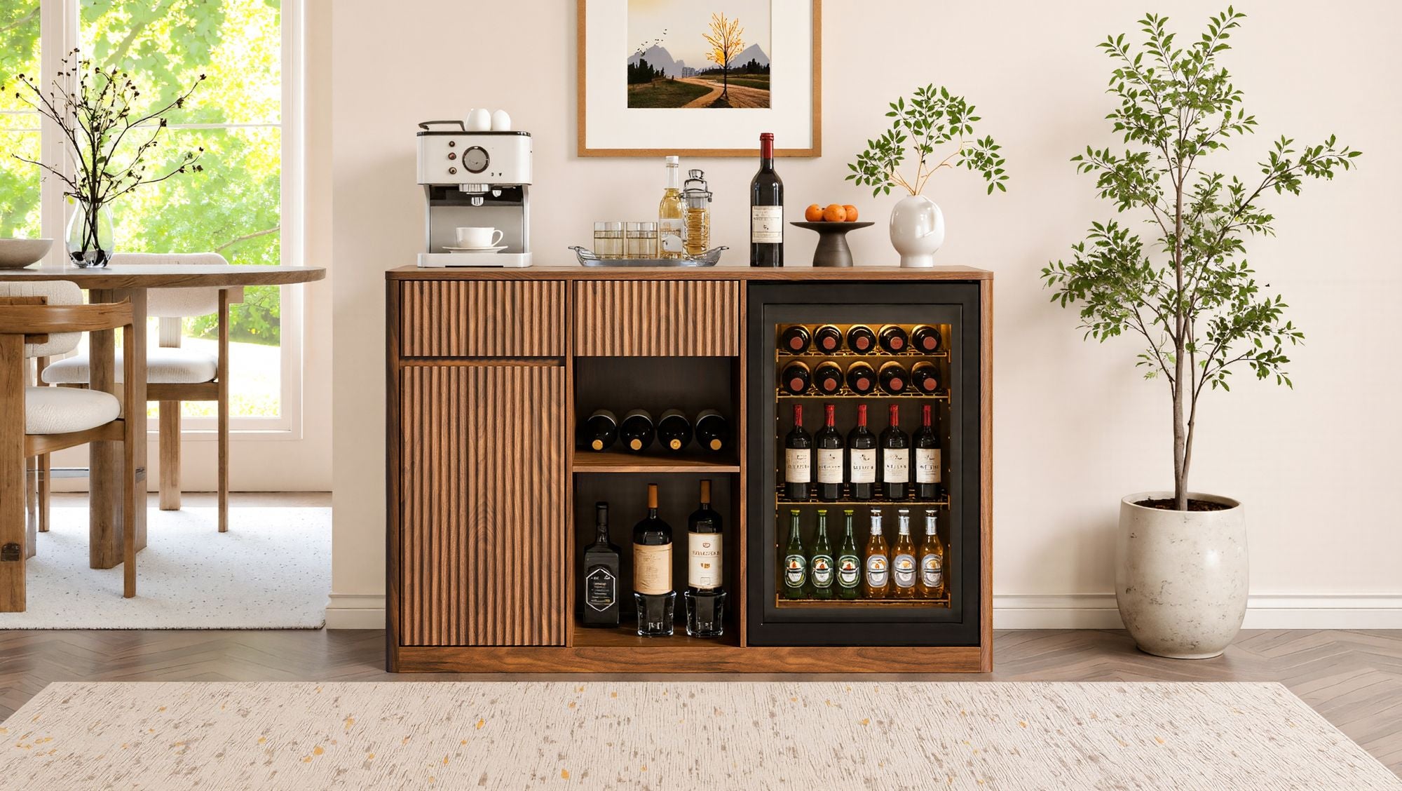 Modern Fluted Bar Cabinet with Refrigerator Nook